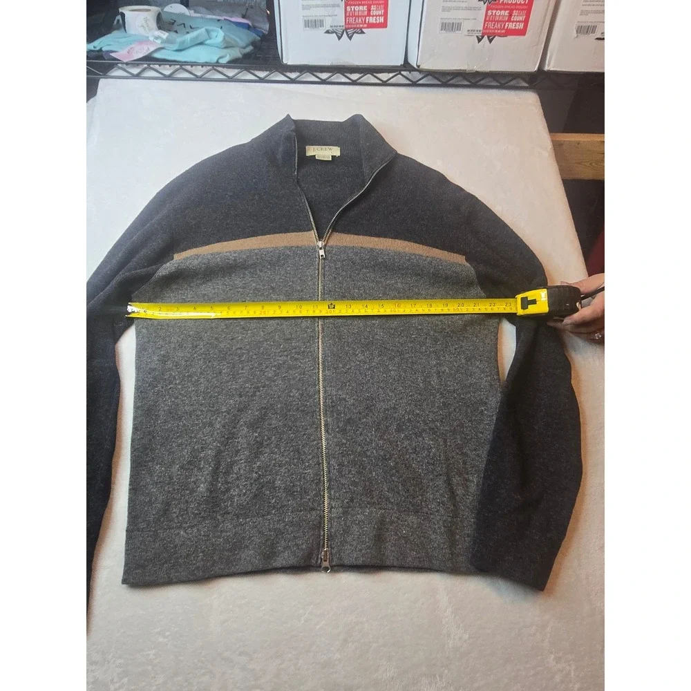 J Crew Mens Lambswool Full Zip Sweater Grey Colorblock Mock Neck Large